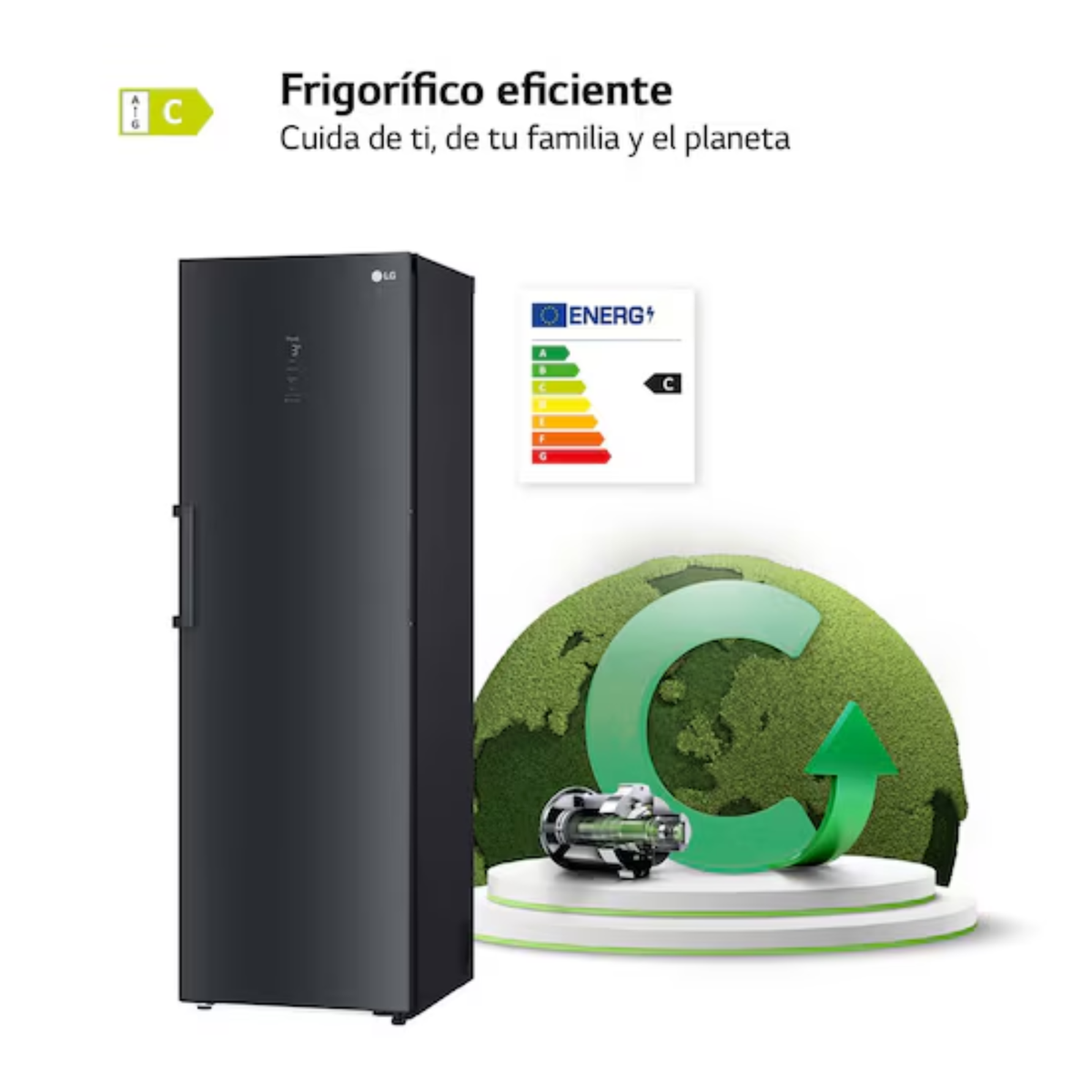 Un refrigerador LG negro junto a una Tierra estilizada con una flecha verde.