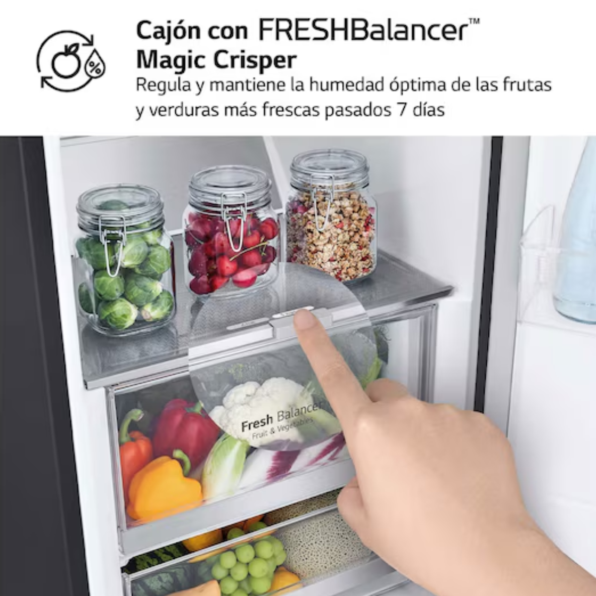Un dedo toca un cajón de frutas y verduras dentro de un refrigerador.