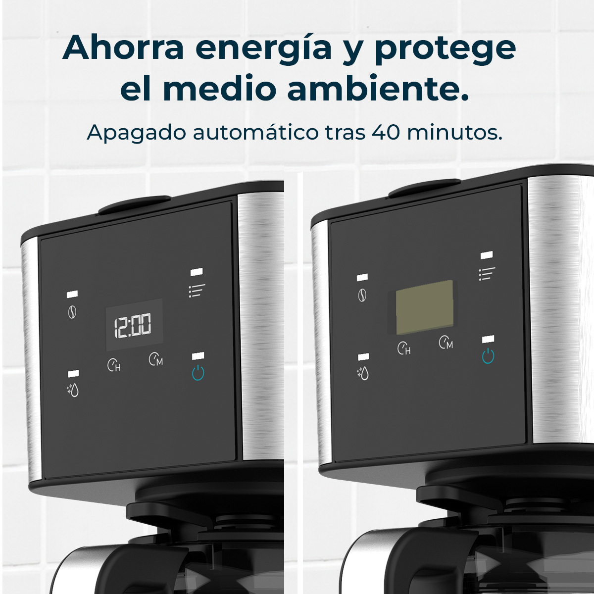 Ekspres do kawy z wyświetlaczem, pokazujący 12:00 i automatyczne wyłączanie.