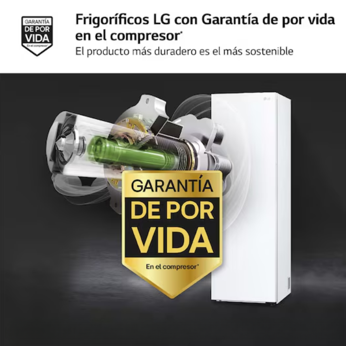 Compresor de frigorífico LG con garantía de por vida, vista en corte.