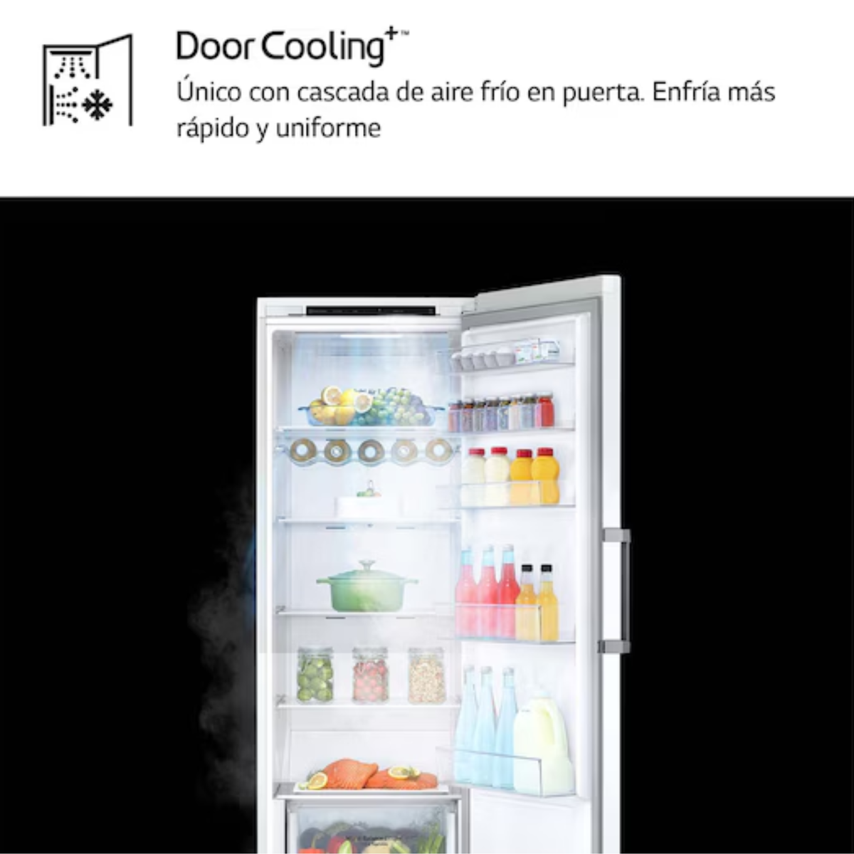 Un refrigerador abierto lleno de frutas, verduras, bebidas y comida.