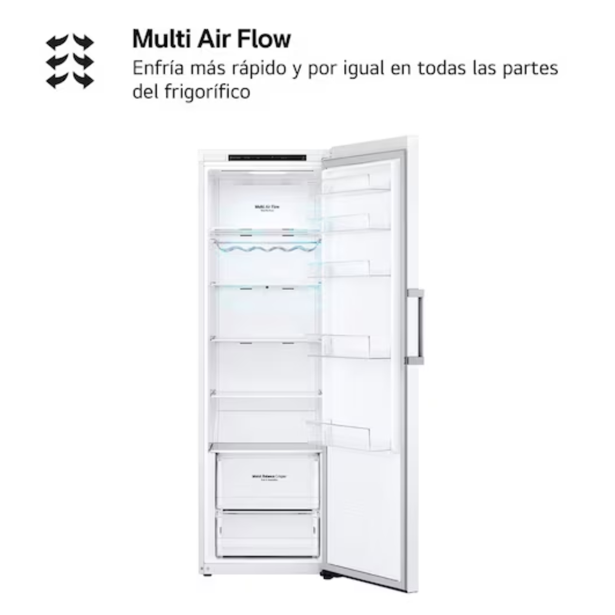 Un refrigerador blanco con la puerta abierta, mostrando varios estantes.