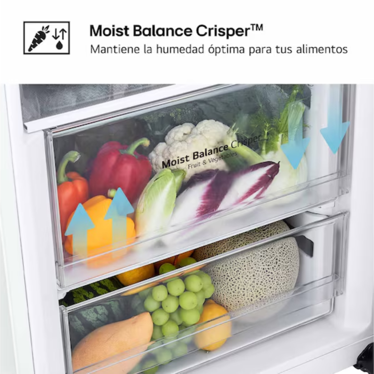 Cajones de refrigerador con frutas y verduras como pimientos, coliflor y uvas.