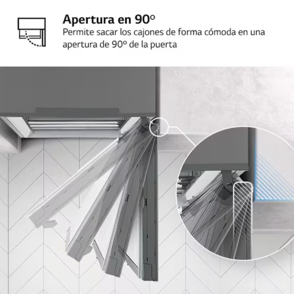 Una puerta se abre a 90° permitiendo fácil acceso a los cajones.