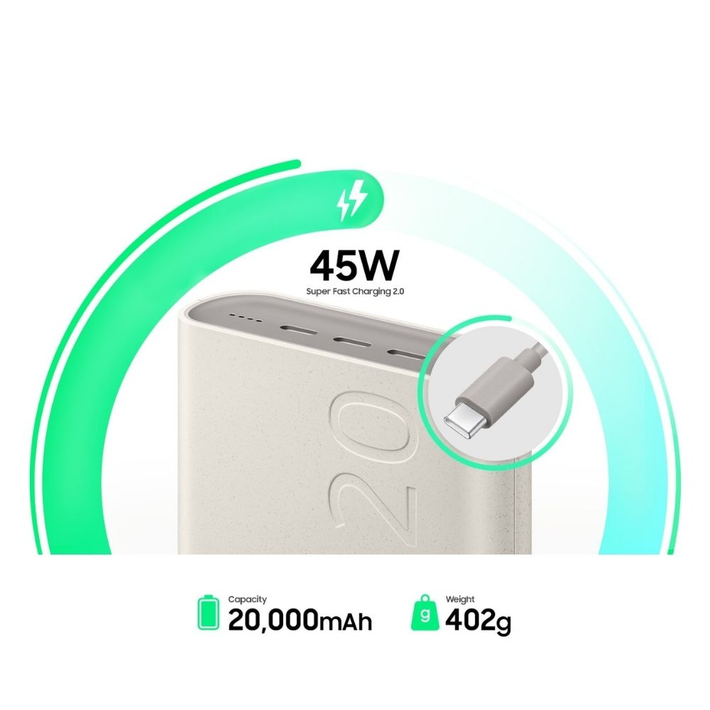 Power bank beige con 20.000 mAh di capacità, ricarica rapida 45W.