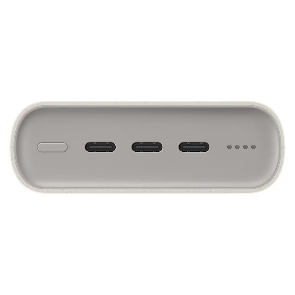 Üç USB-C bağlantı noktası ve dört şarj gösterge ışığı olan gri powerbank.