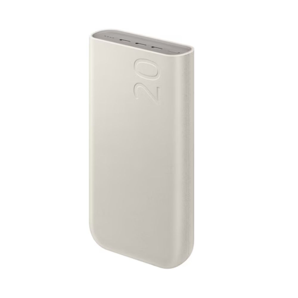 Ön yüzünde 20 rakamı kabartmalı, bej renkli powerbank.