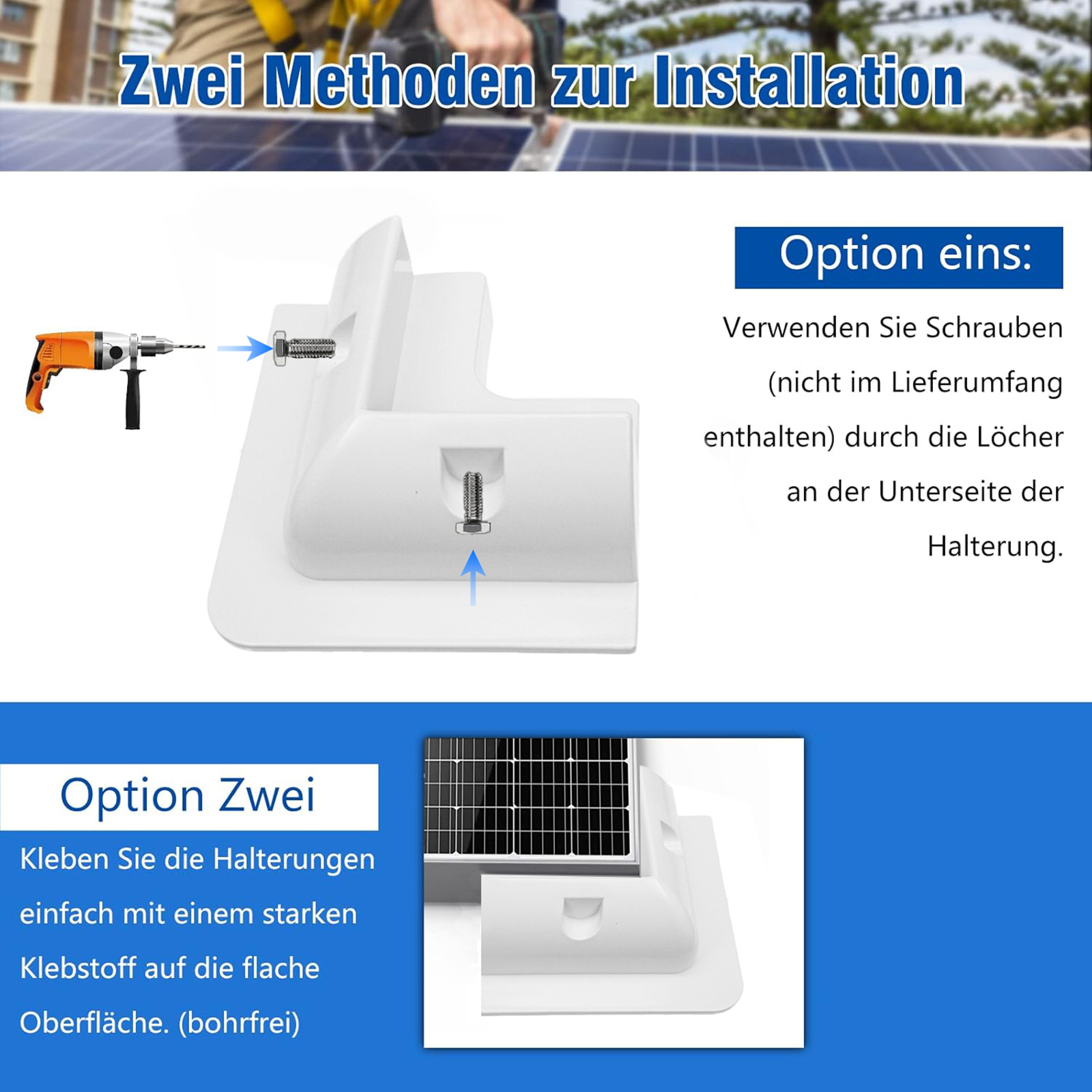 Zwei Montageoptionen: Schrauben durch Halterung oder Kleben.