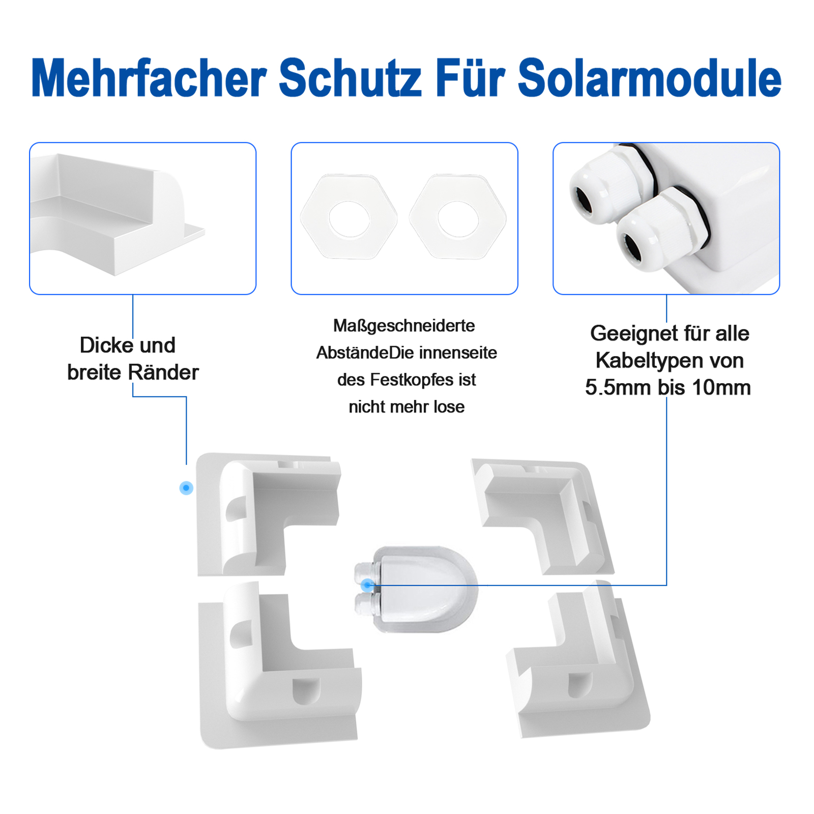 Weiße Solarpanel-Ecken und Kabelverschraubung, mit Text.
