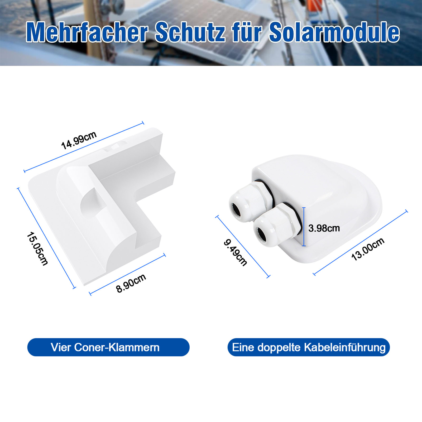 Weiße Solar-Zubehörteile: Eckklemme und Kabeldurchführung mit Maßen.
