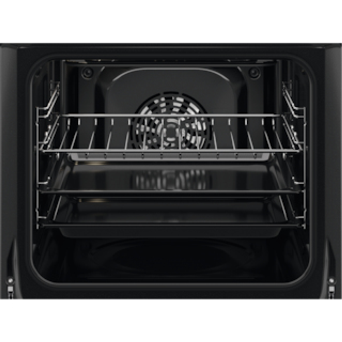 Vista interna di un forno nero con tre griglie e ventola.