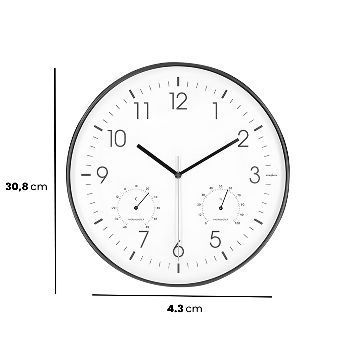Eine weiße Wanduhr mit schwarzem Rahmen, Thermometer und Hygrometer.