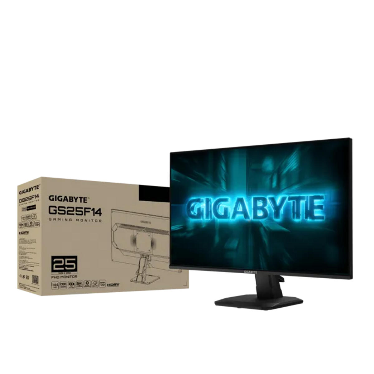 Gigabyte Gaming Monitor GS25F14 Box und Monitor mit leuchtendem Gigabyte-Logo.