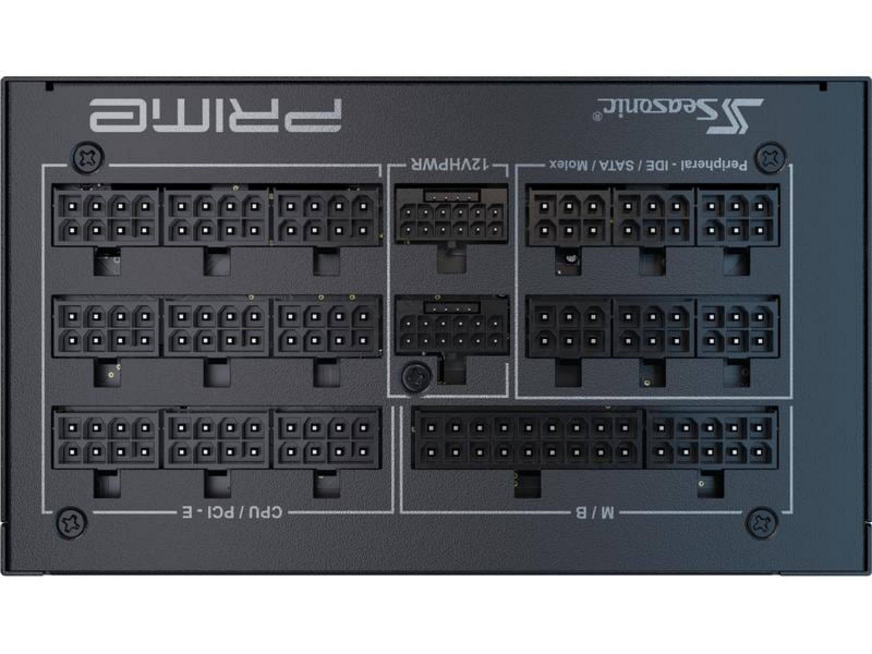 Zwarte voeding met meerdere poorten voor CPU/PCI-E, M/B, 12VHPWR, SATA/Molex.