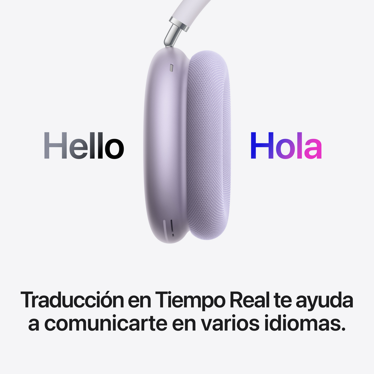 Auriculares morados con texto "Hello" y "Hola". Texto "Traducción en tiempo real".