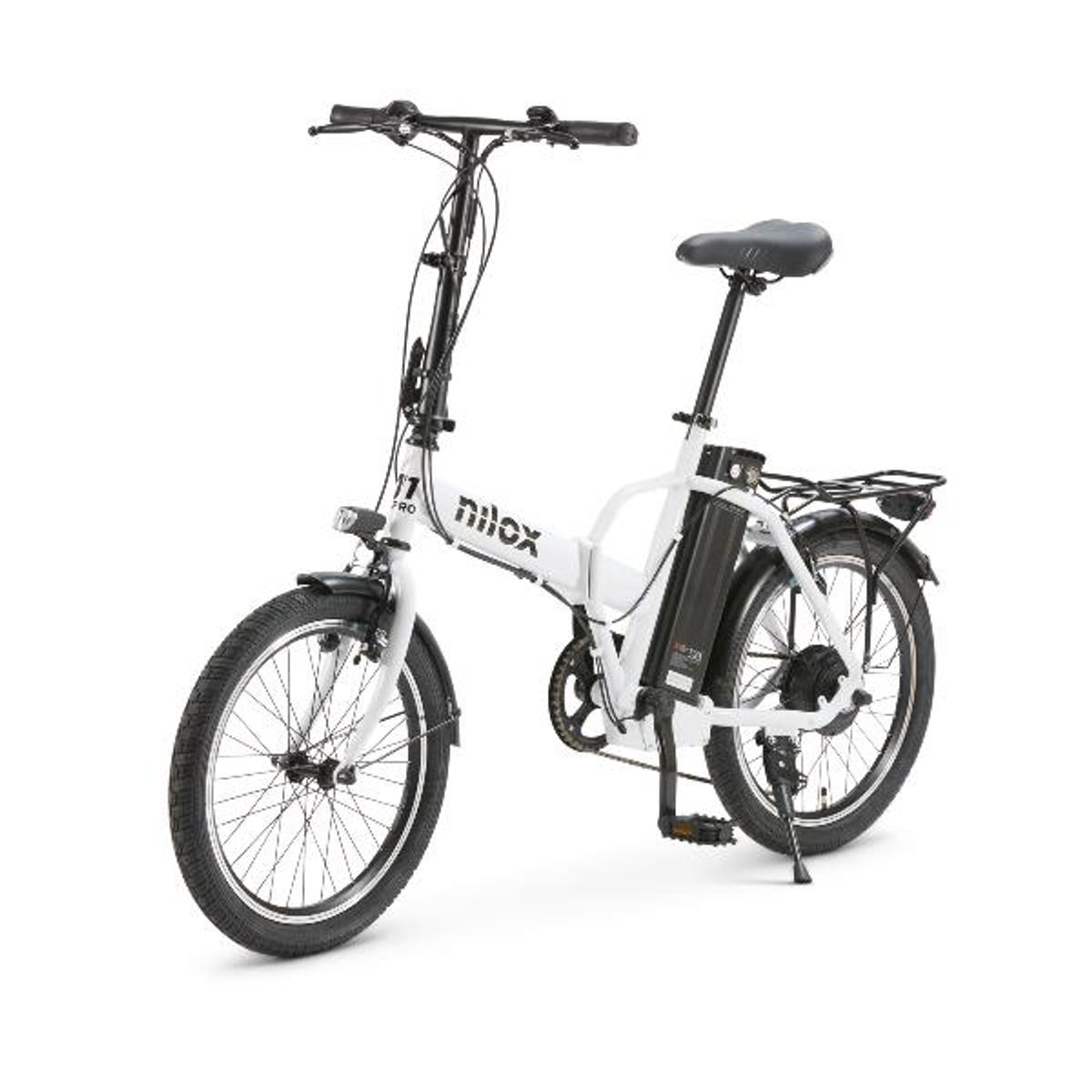 Biały składany rower elektryczny z czarnym bagażnikiem i baterią.