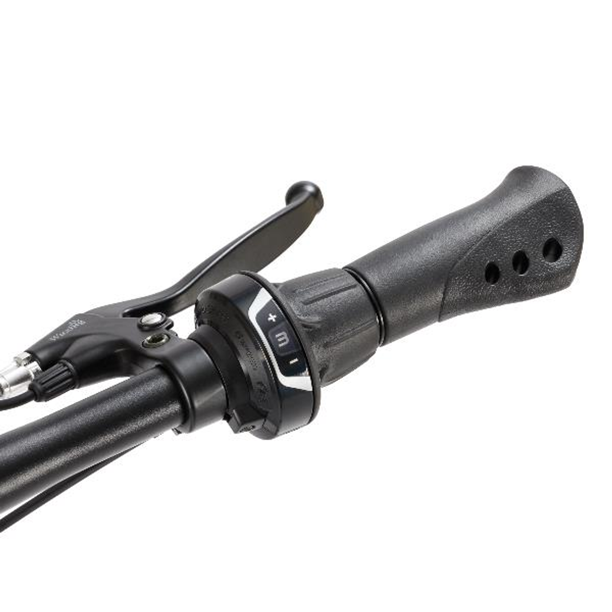 Zbliżenie kierownicy roweru z dźwignią hamulca i manetką zmiany biegów.