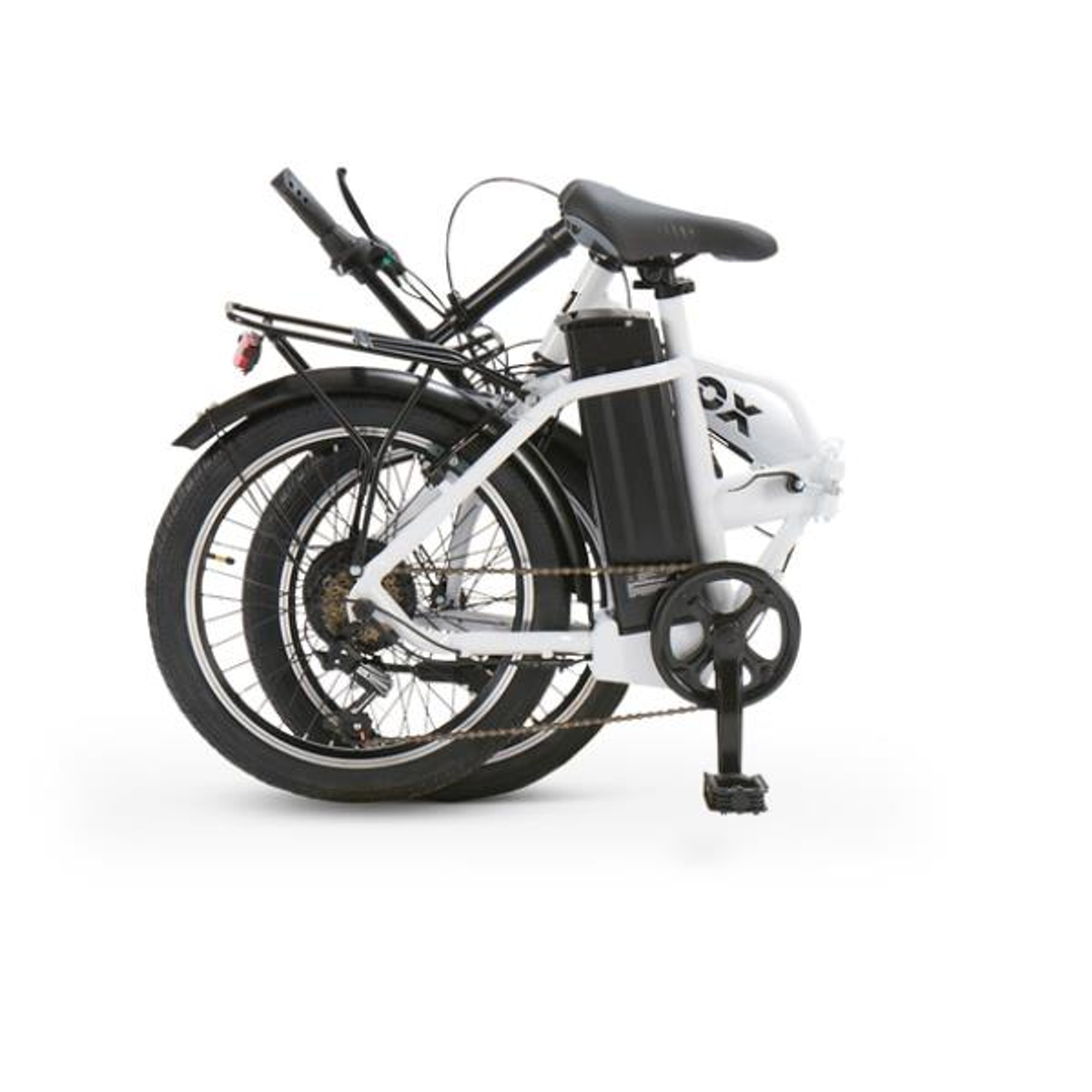 Biały składany rower elektryczny z czarną baterią i bagażnikiem.