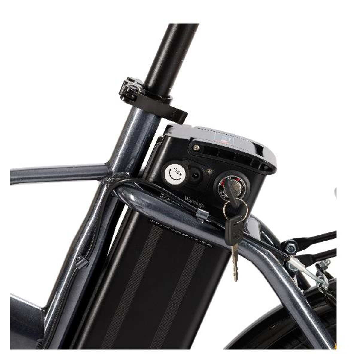 Zbliżenie na baterię i kluczyk roweru elektrycznego.