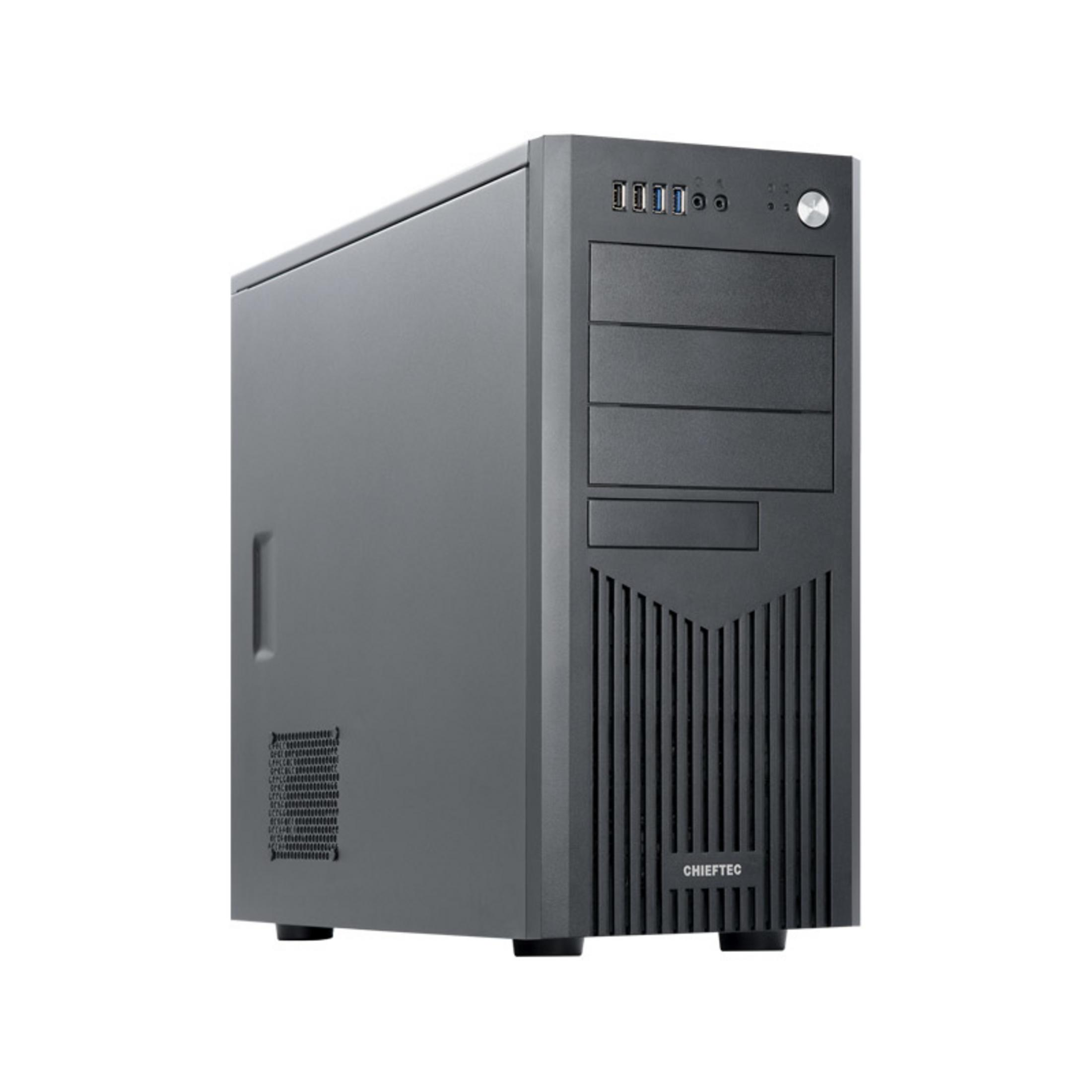 A black computer tower with USB ports and ventilation slots.