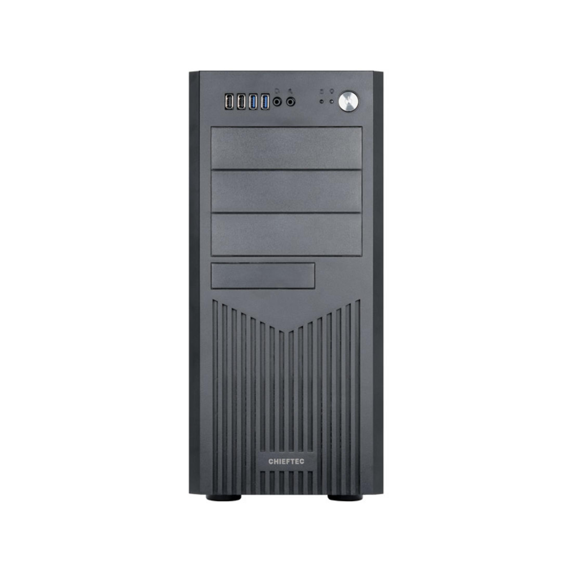 A dark computer tower with USB ports and a power button on top.