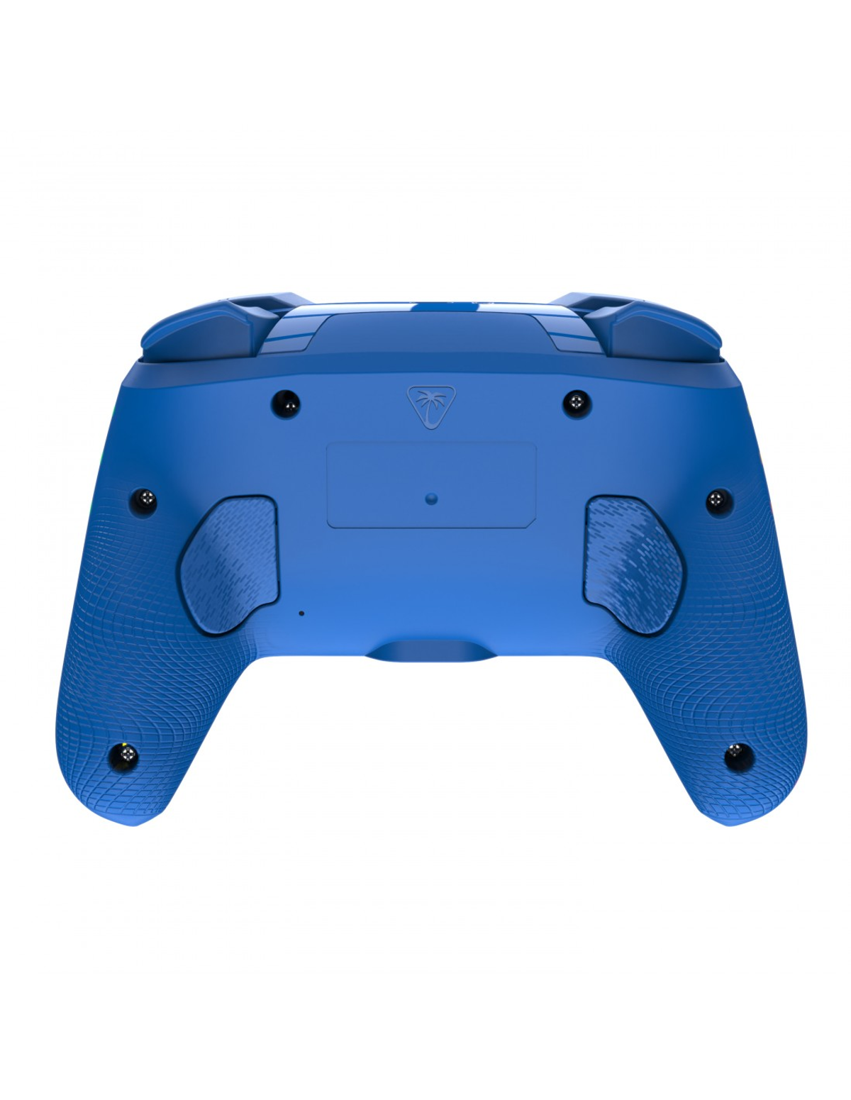 Rückseite eines blauen Game Controllers mit texturierten Griffen und Knöpfen.