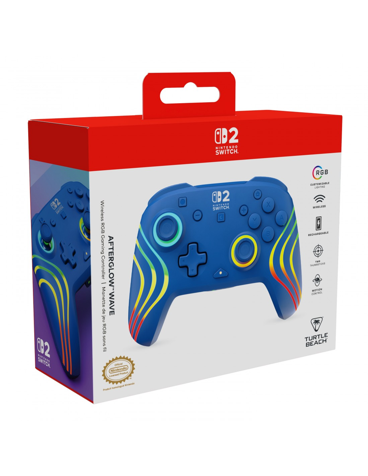 Blaue Nintendo Switch-Controller-Verpackung mit Regenbogenstreifen und Produktabbildung.