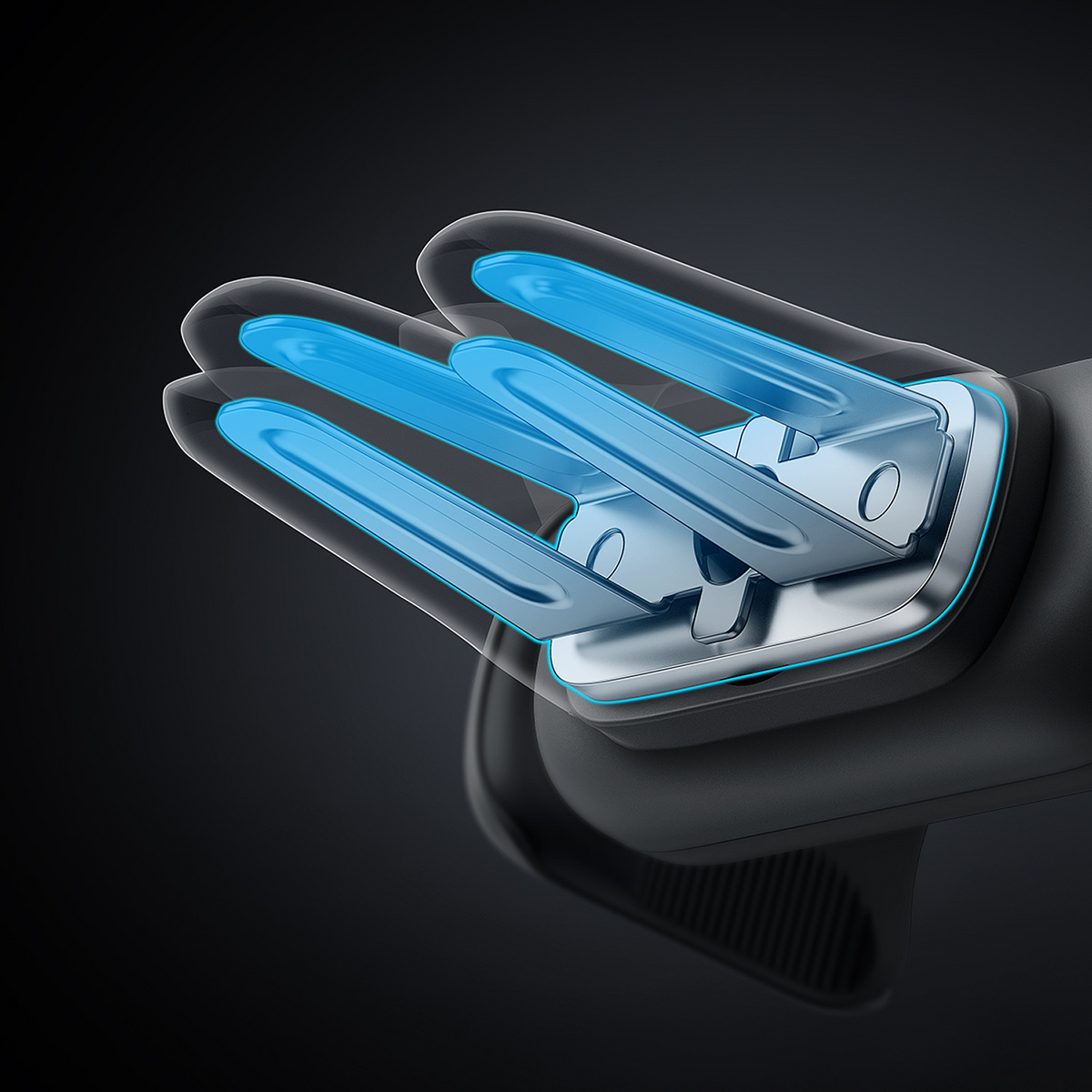 Trzy niebieskie metalowe ramiona chwytające z przezroczystymi końcówkami na czarnym tle.