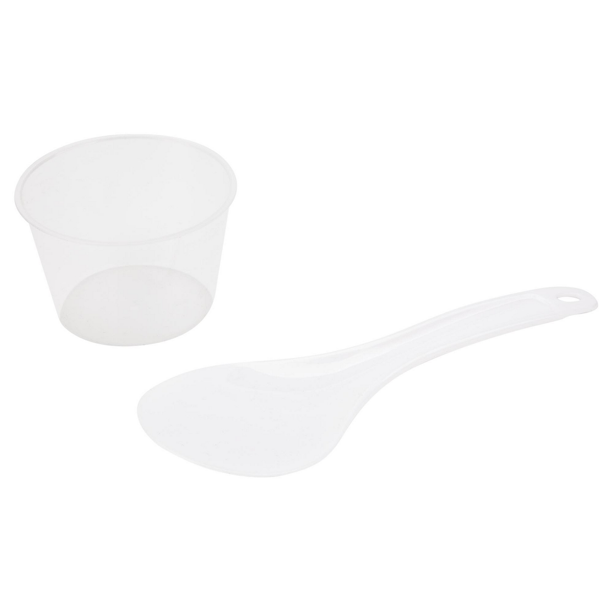 Un misurino bianco e un cucchiaio bianco su sfondo bianco.