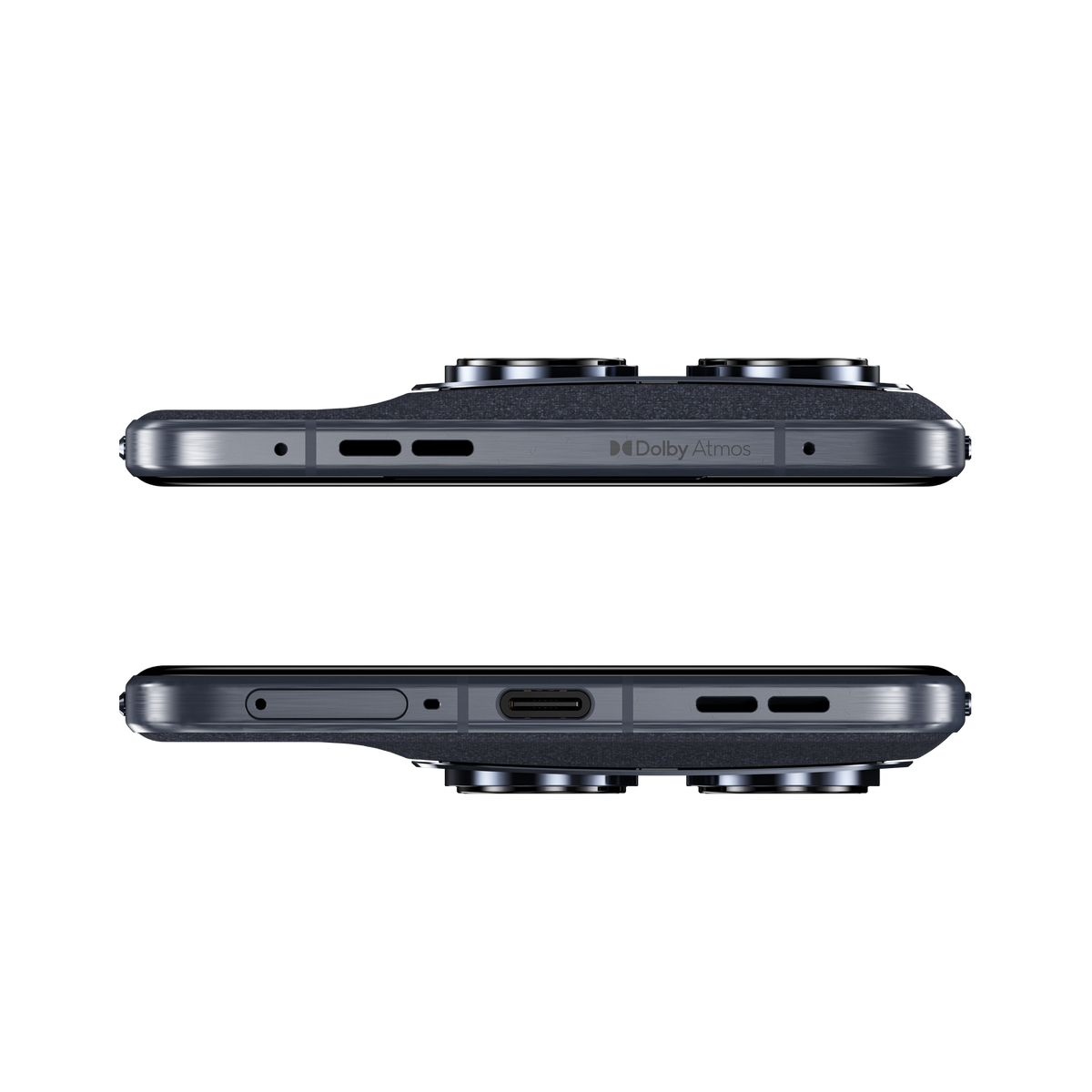 Dwa widoki ciemnego smartfona z logo Dolby Atmos i aparatami.