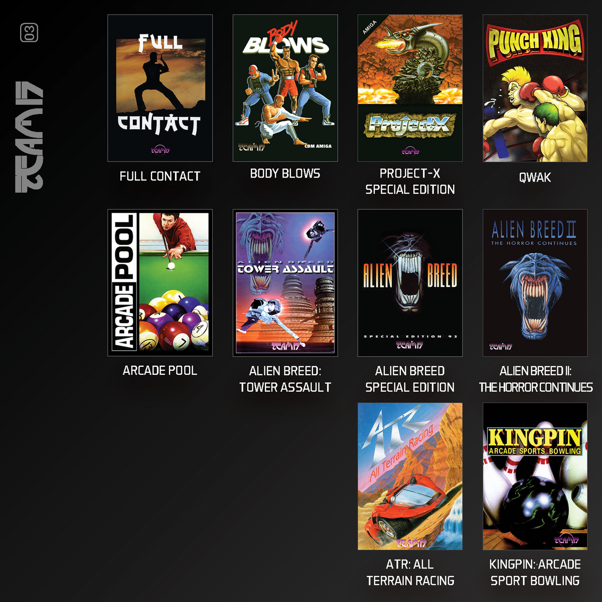 Kolaż okładek gier wideo: Full Contact, Body Blows, Project-X, Qwak, Arcade Pool, Alien Breed, ATR, Kingpin.