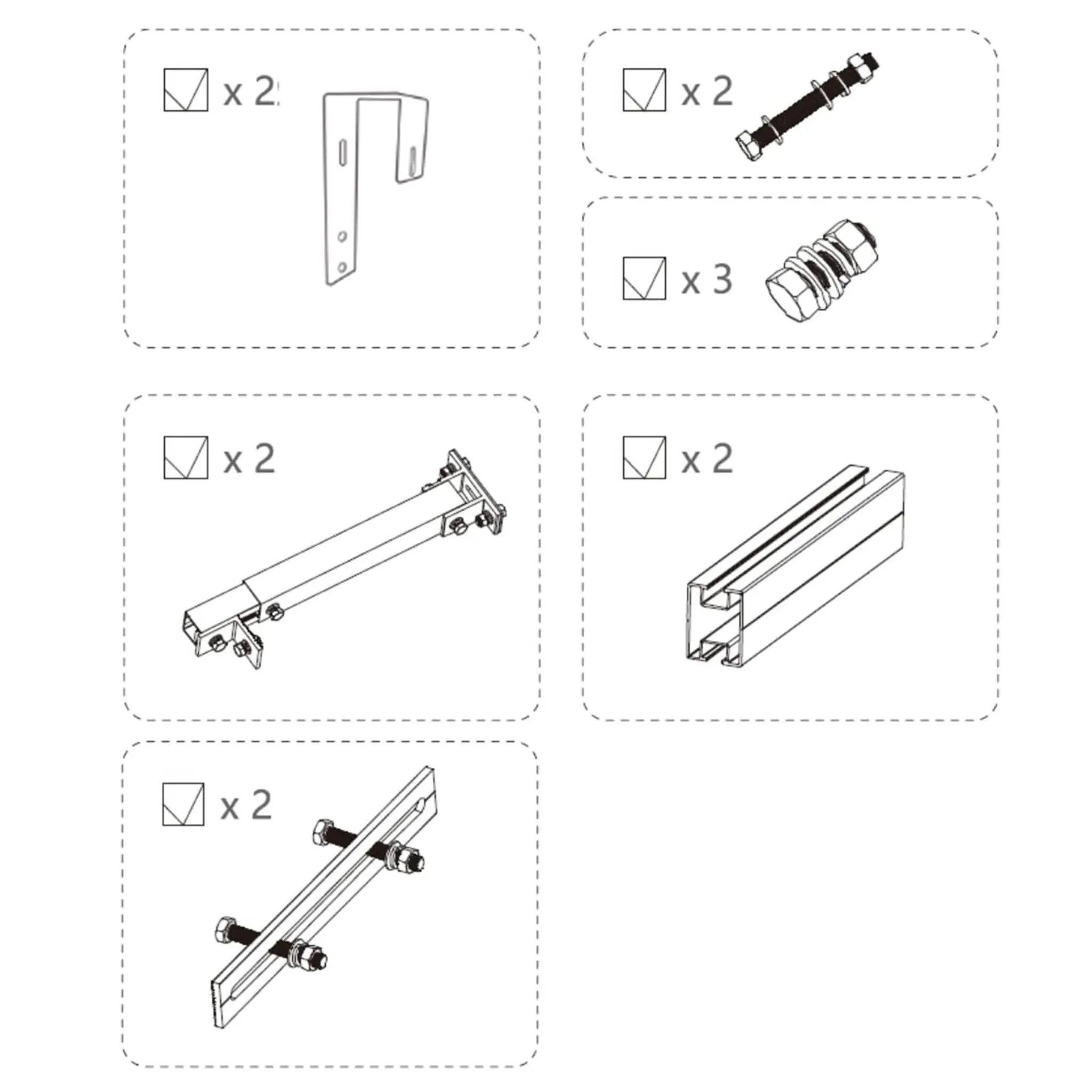 Illustration von zwei Klammern, zwei Schrauben, drei Muttern und zwei Schienen.