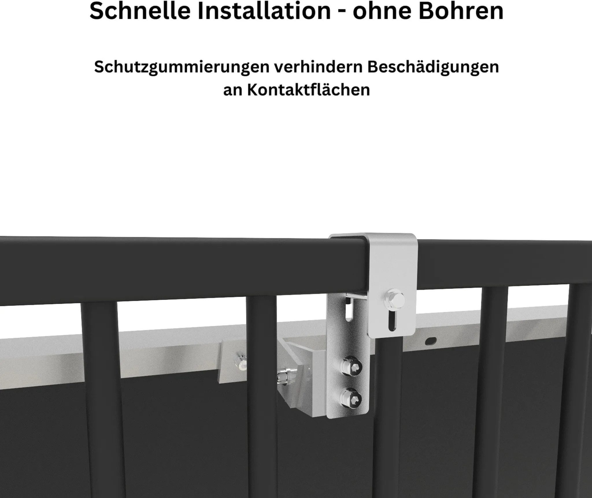 Schnelle Montage mit silbernem Metallclip an schwarzem Geländer.