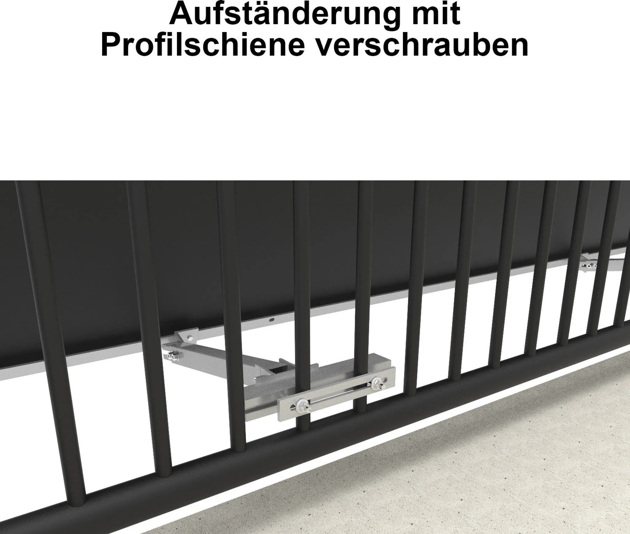 Metallklammern befestigen vertikale schwarze Pfosten an einer horizontalen Schiene.