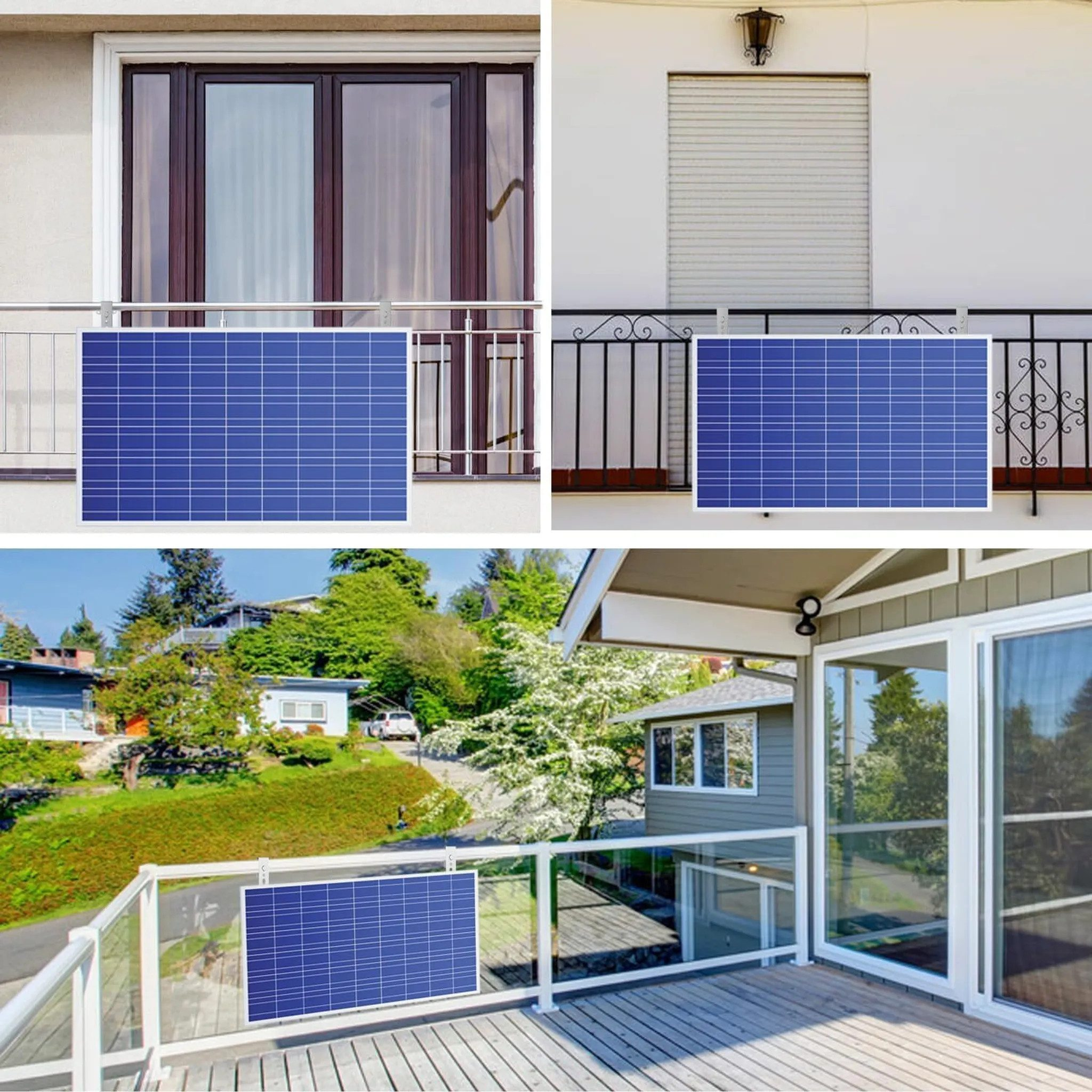 Solarmodul auf einem Balkongeländer mit Häusern und Bäumen im Hintergrund.