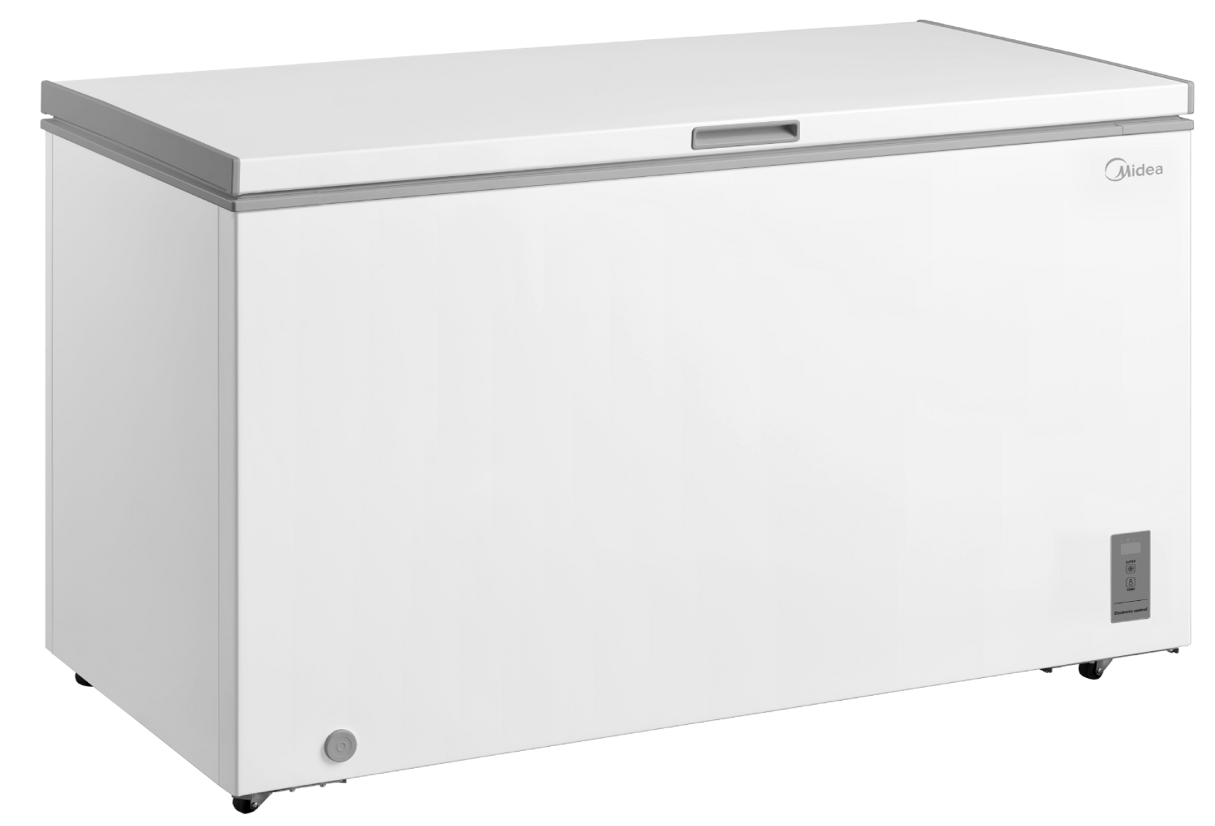 Un congelatore orizzontale bianco con logo Midea e display digitale.