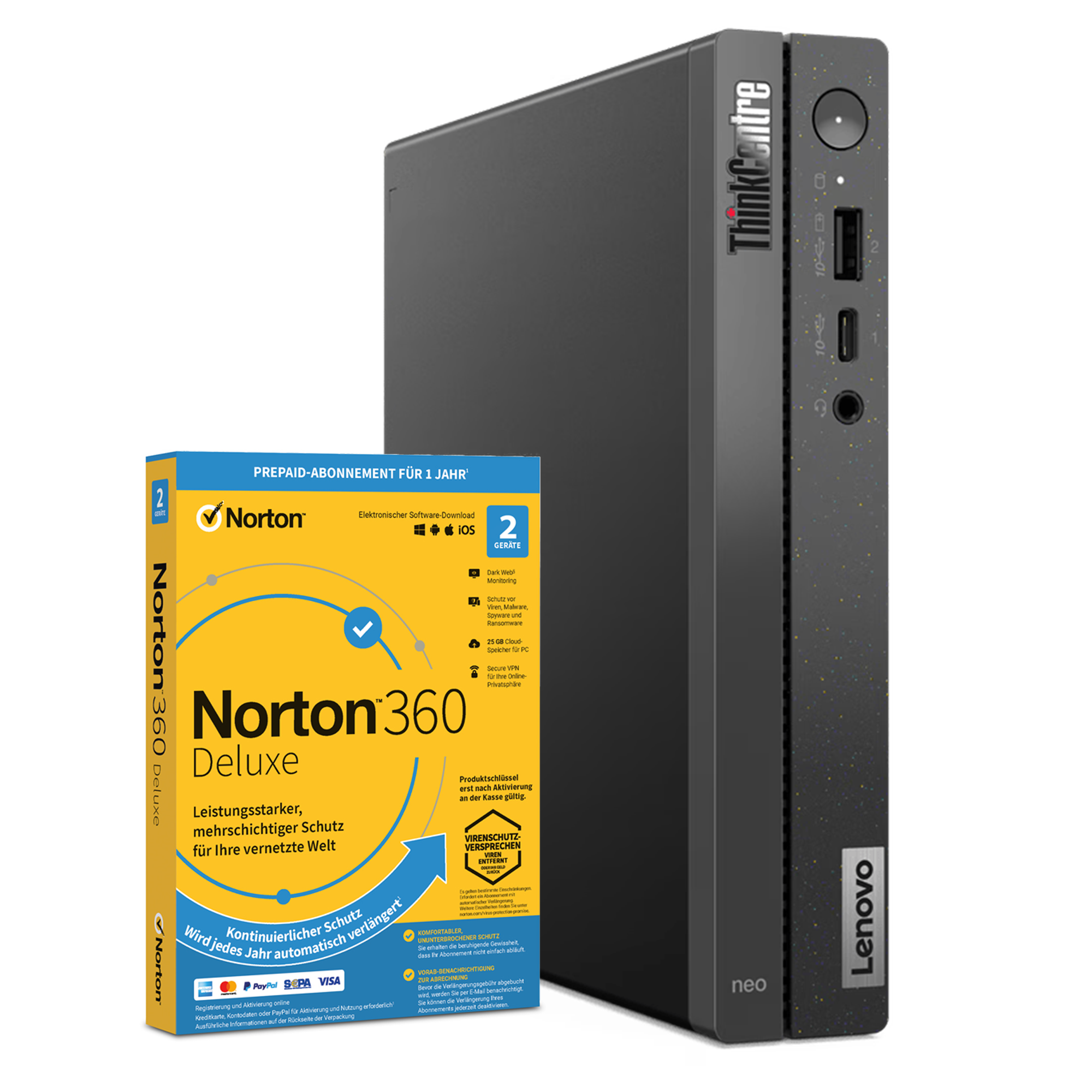 Szary komputer Lenovo ThinkCentre obok żółtego pudełka z oprogramowaniem Norton 360 Deluxe.