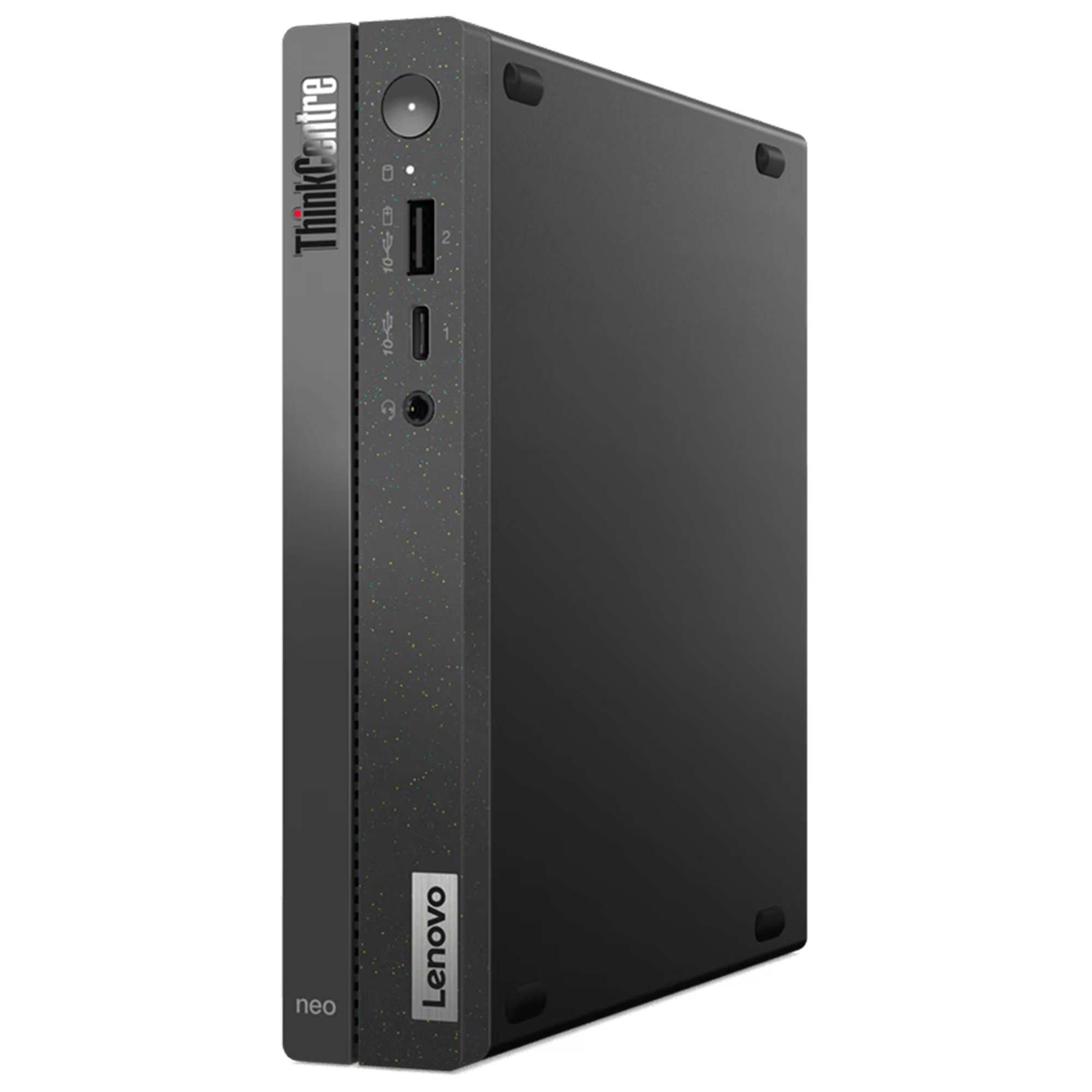 Czarny mini PC Lenovo ThinkCentre Neo z portami i logo.