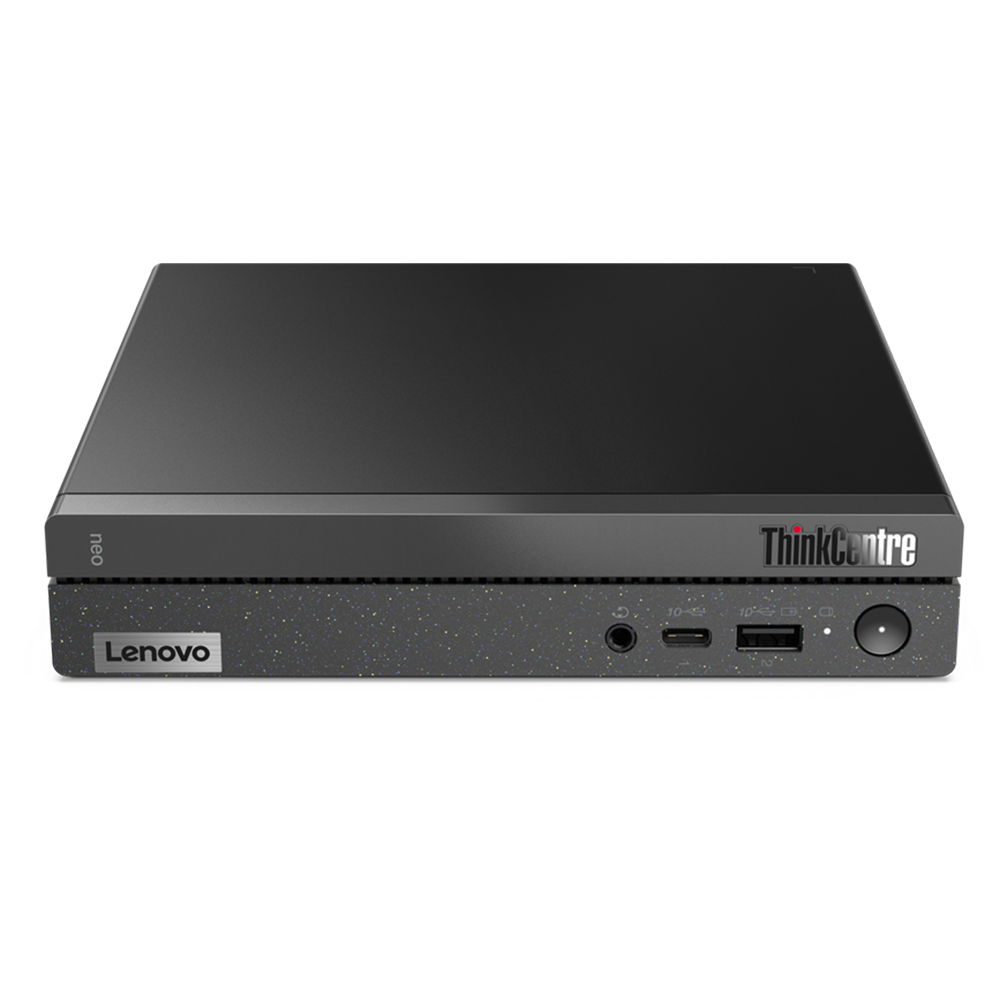 Kompaktowy czarny komputer Lenovo ThinkCentre Neo z portami z przodu.
