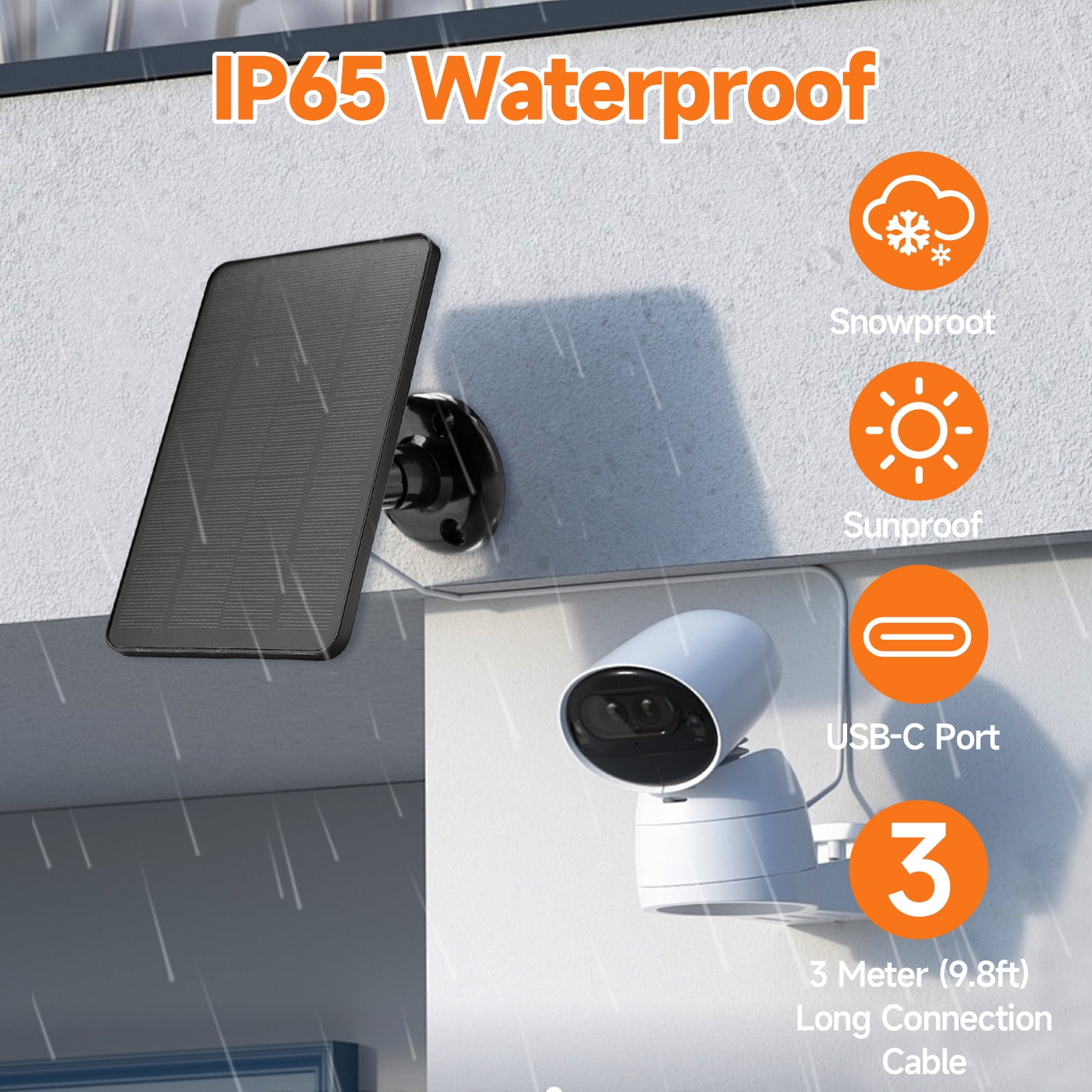 IP65 wasserdichte Überwachungskamera mit Solarpanel, USB-C und 3m Kabel.