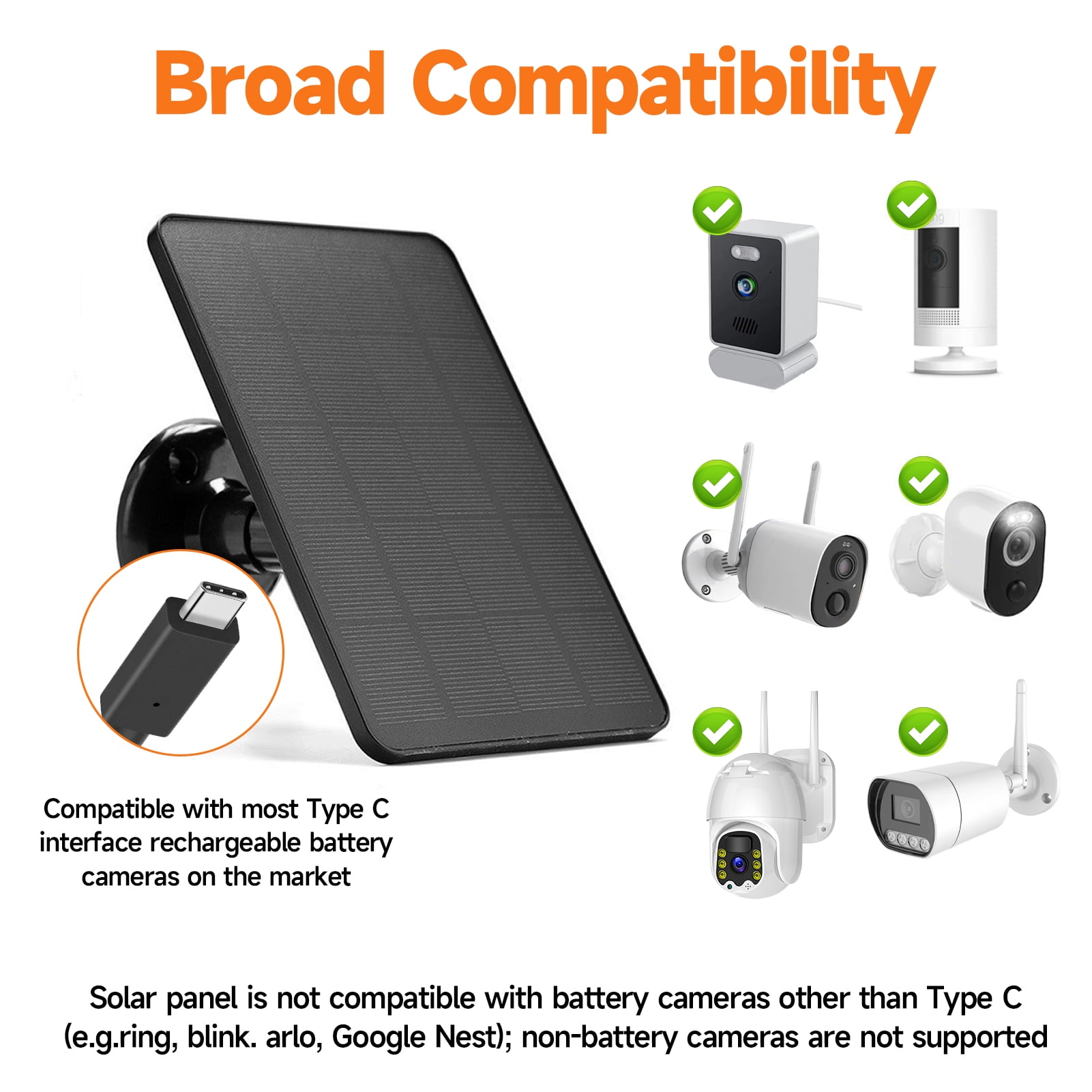 Solarpanel mit Typ-C-Kamera-Kompatibilität und verschiedenen Kameras.