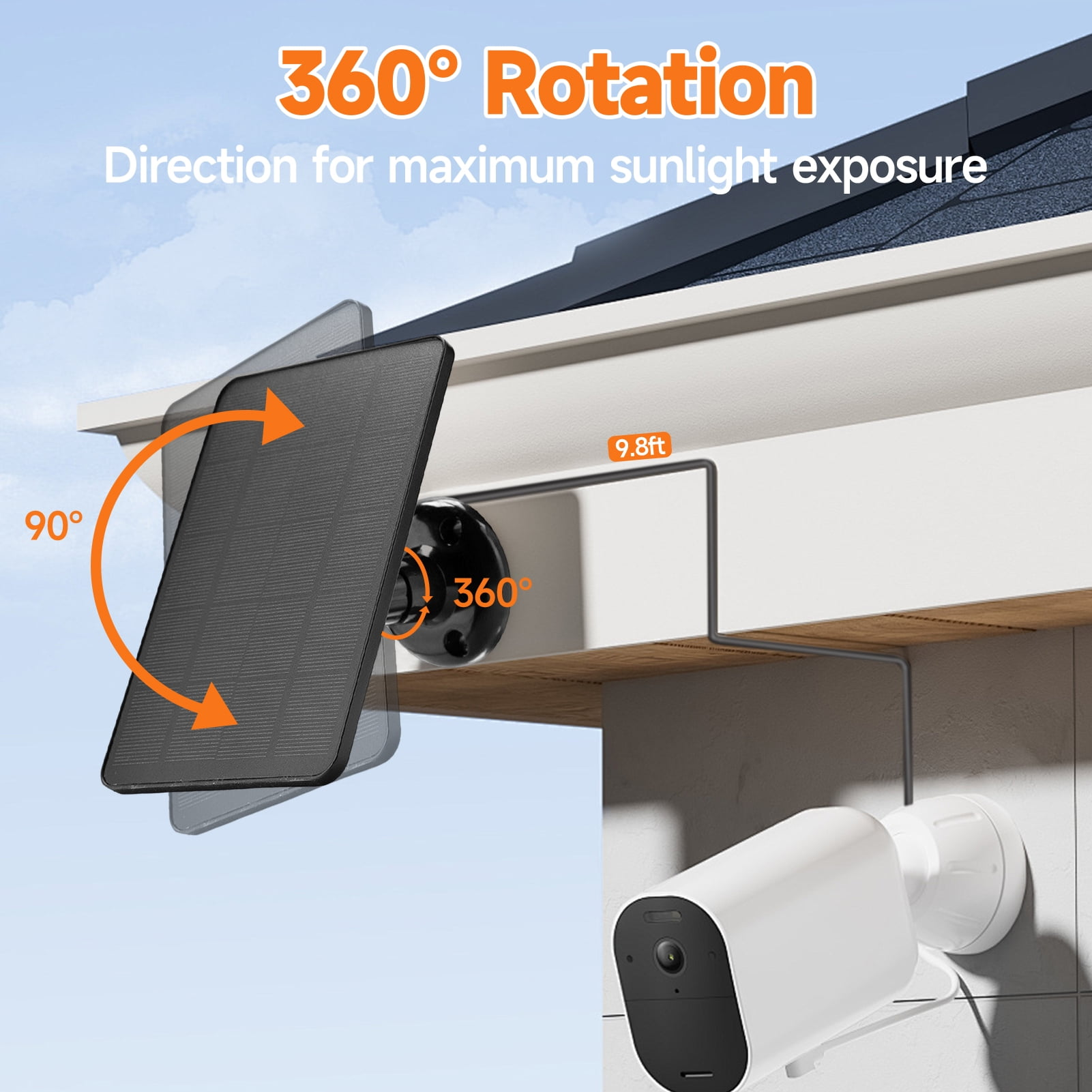 Schwarzes Solarpanel mit 360° Drehung und 90° Neigung, befestigt an einem Dachüberstand über einer weißen Kamera.