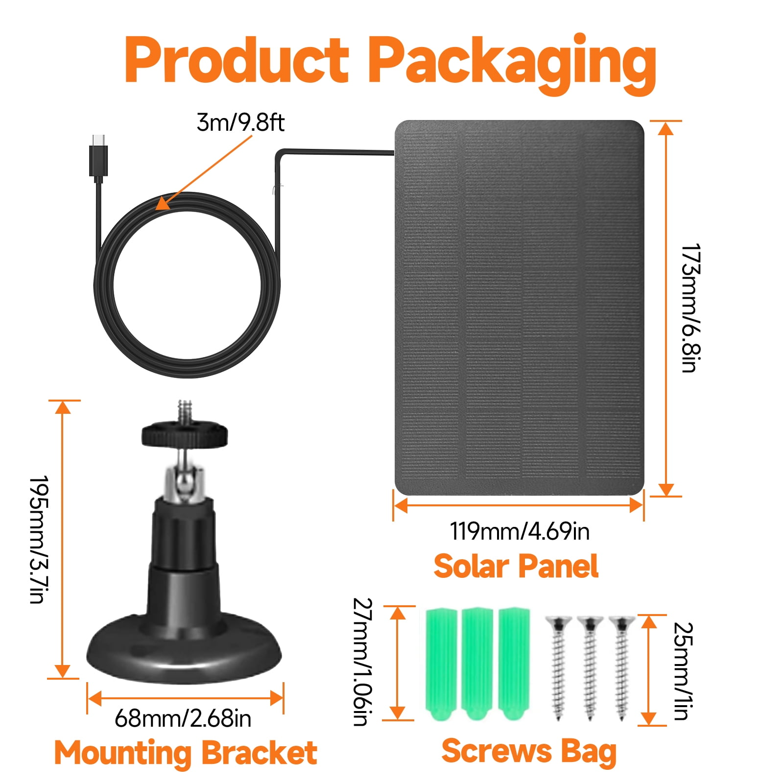 Produktverpackung: Solarmodul, Halterung, Kabel und Schrauben mit Maßen.