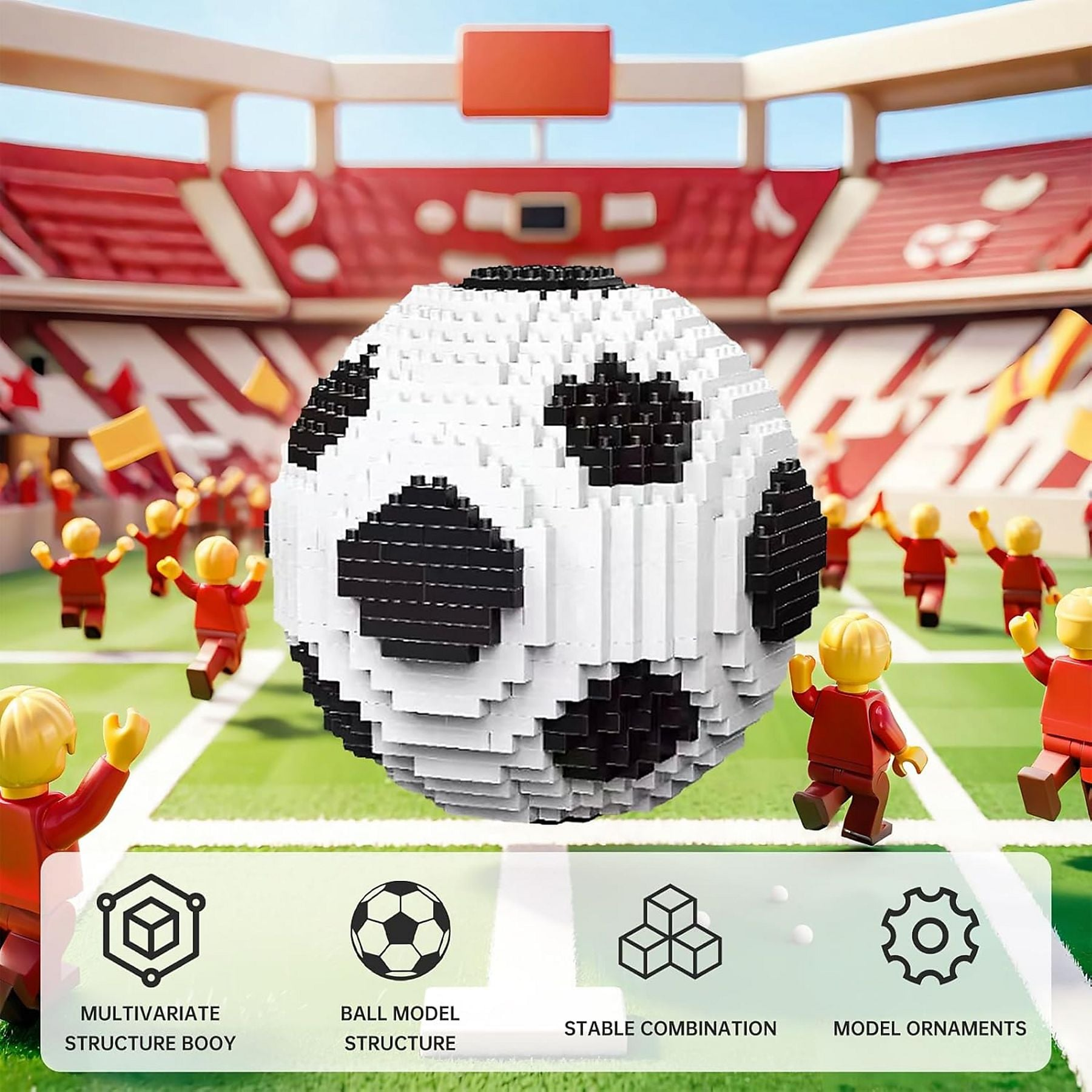 Ein Fußball aus Bausteinen auf einem Spielfeld mit Figuren und Tribünen.