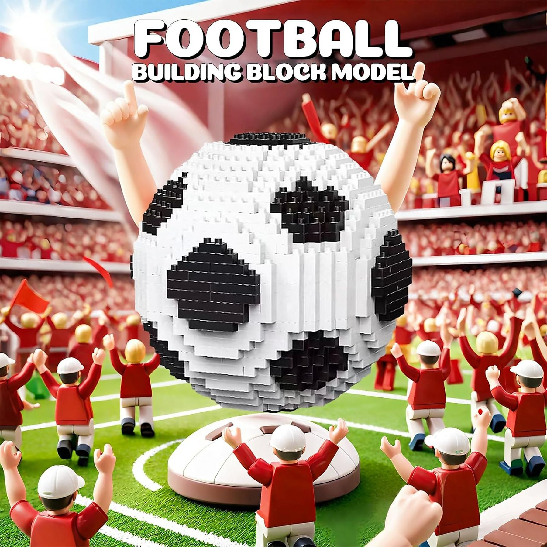 Ein Fußball aus Bausteinen auf einem Spielfeld mit jubelnden Figuren.