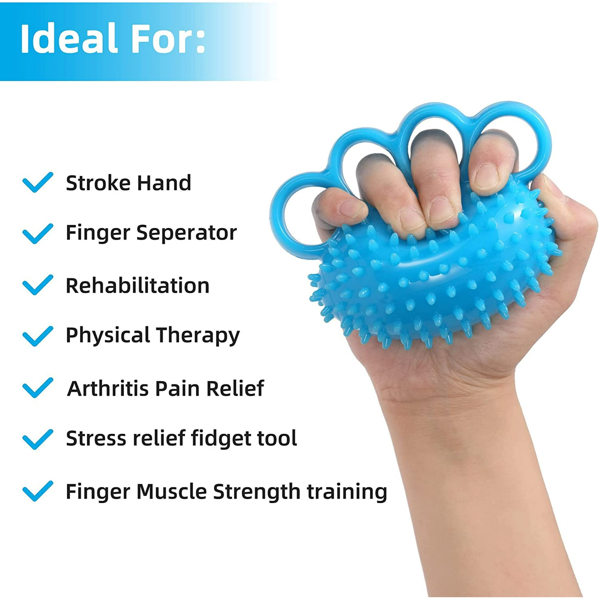 Blaue Finger-Grip-Ball mit Spikes, der von einer Hand gehalten wird.