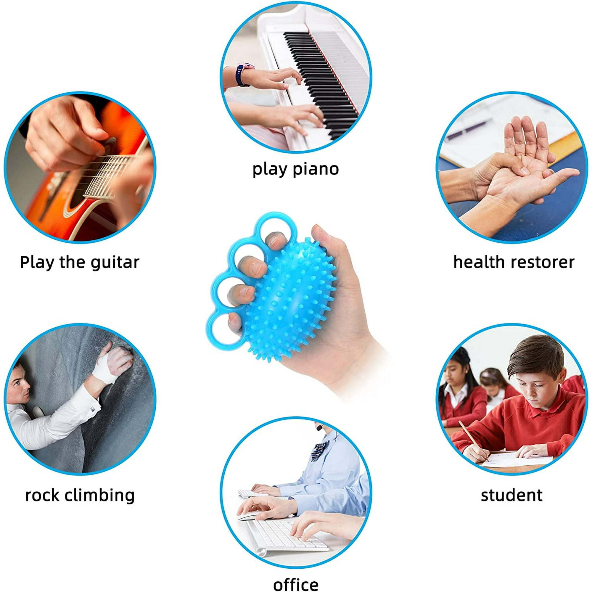 Ein blauer Igelball wird in der Hand gehalten. Diverse Aktivitäten wie Gitarre spielen, Klavier spielen, Klettern, Büroarbeit und Lernen sind abgebildet.