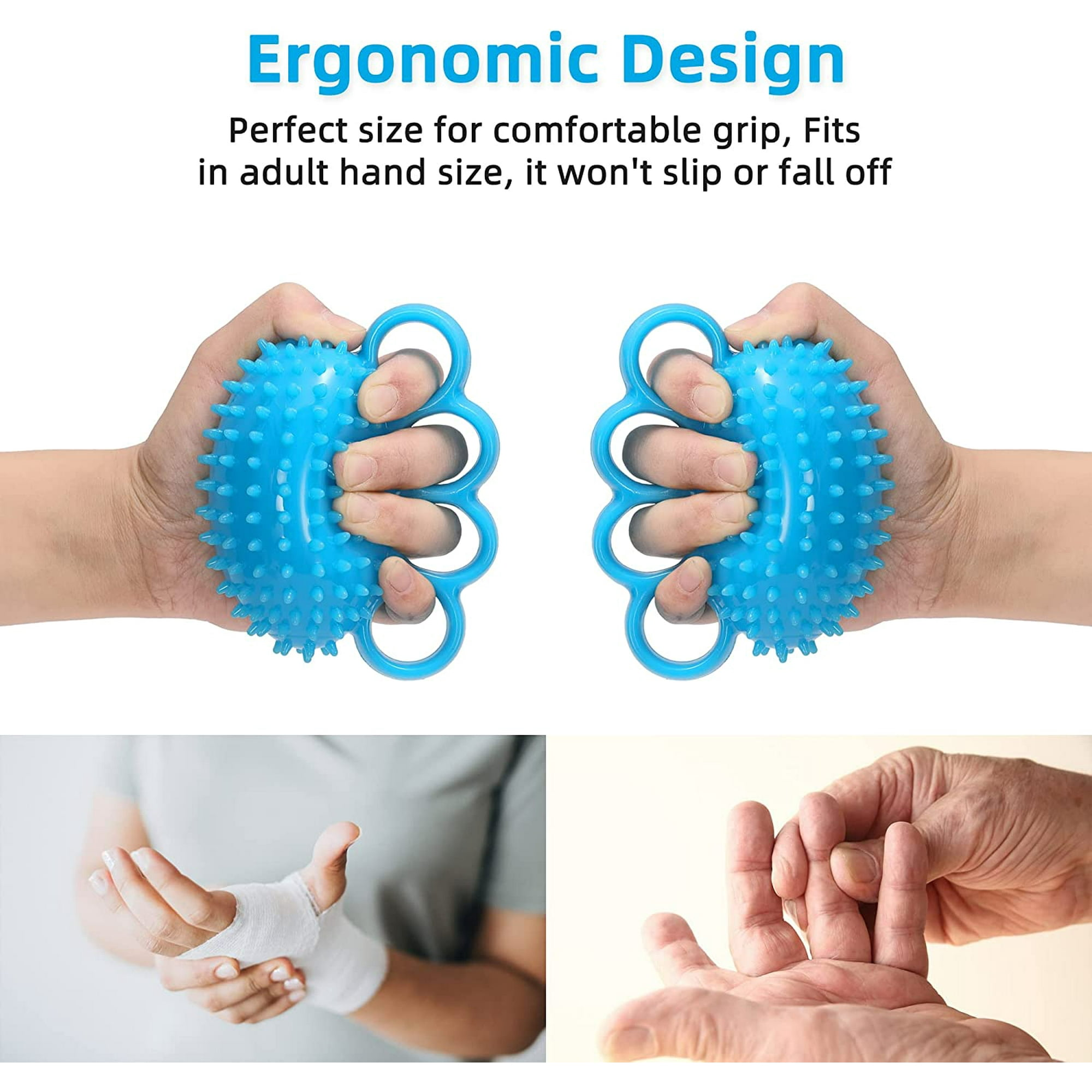 Hände halten blaue Igelbälle. Unten: Verband am Handgelenk, Fingerübungen.