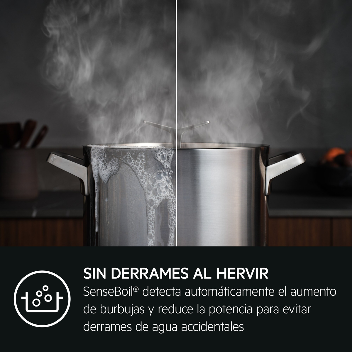 Una olla hirviendo, contrastada con una olla limpia al lado.