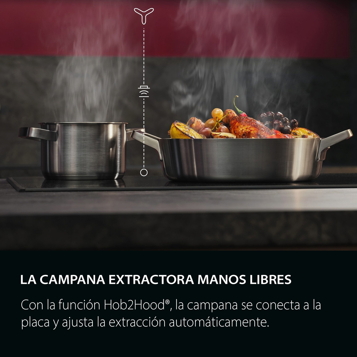 El vapor sube de ollas en una placa de cocina con campana extractora encima.